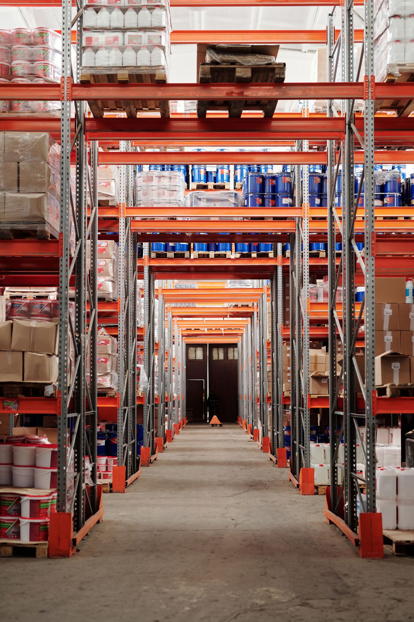 Real stock photograph of organized warehouse shelving